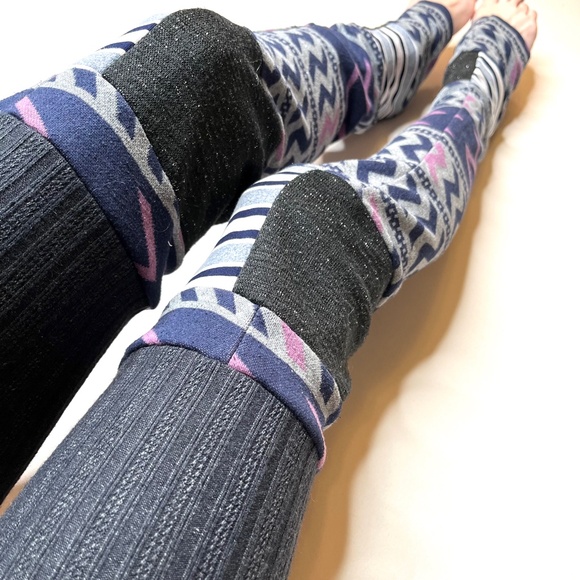 Patchwork Striped Leg Warmers Purple Sweater Knee Socks Gray Knit Thigh Highs OS - Picture 10 of 10